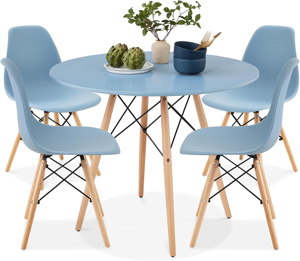 Best Choice Products 5-Piece Dining Set, Compact Mid-Century Modern Table & Chair Set for Home, Apartment w/ 4 Chairs, Plastic Seats, Wooden Legs, Metal Frame - Blue/Oak