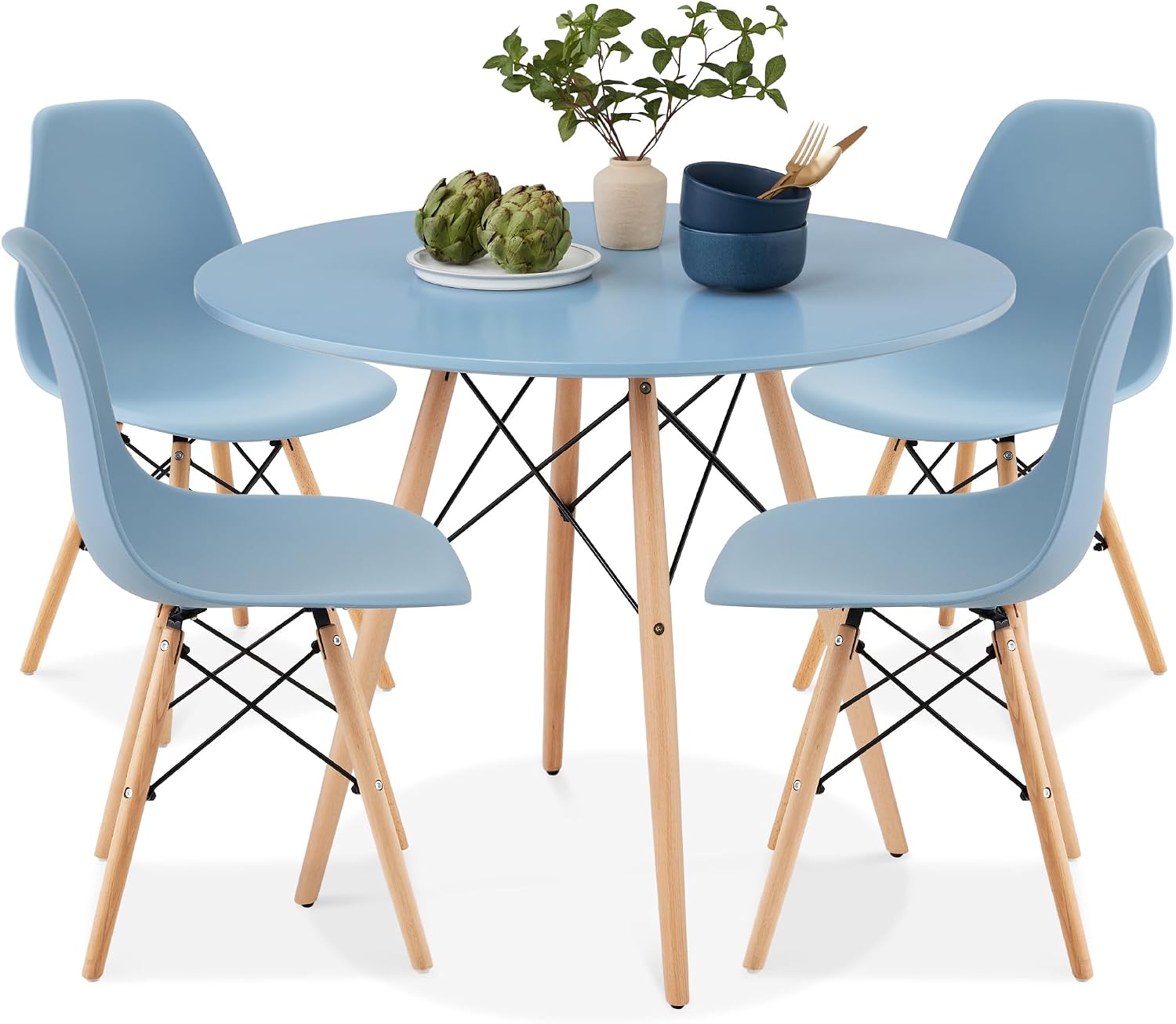 Best Choice Products 5-Piece Dining Set, Compact Mid-Century Modern Table & Chair Set for Home, Apartment w/ 4 Chairs, Plastic Seats, Wooden Legs, Metal Frame - Blue/Oak