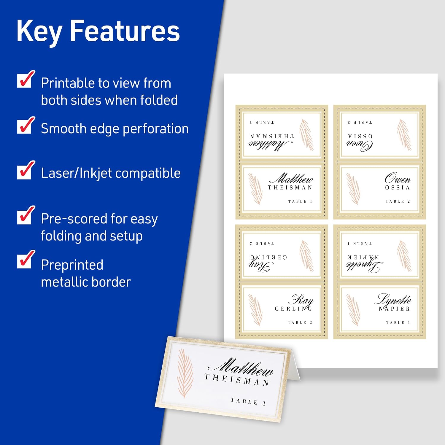 AVERY Tent Cards Metallic Gold Border 2 x 3.5 Inch | White Cardstock | Pre-scored | For Laser & Inkjet Printers | 80 Cards, Pack of 5