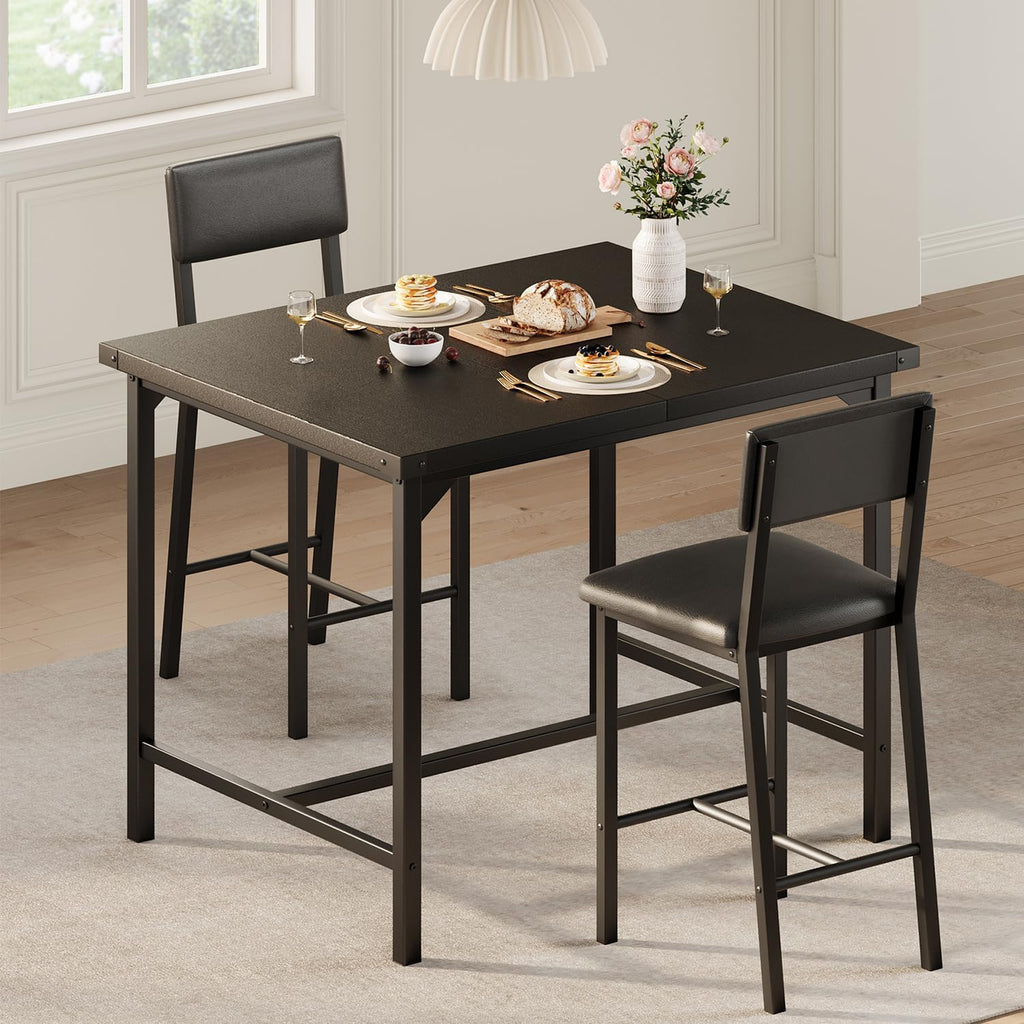 GarveeHome Dining Table Set for 2 with Corner Protector, Kitchen Table Set w/Footrest & Backrest, Counter Height Table with 2 Upholstered Bar Chairs, for Small Space, Retro Black