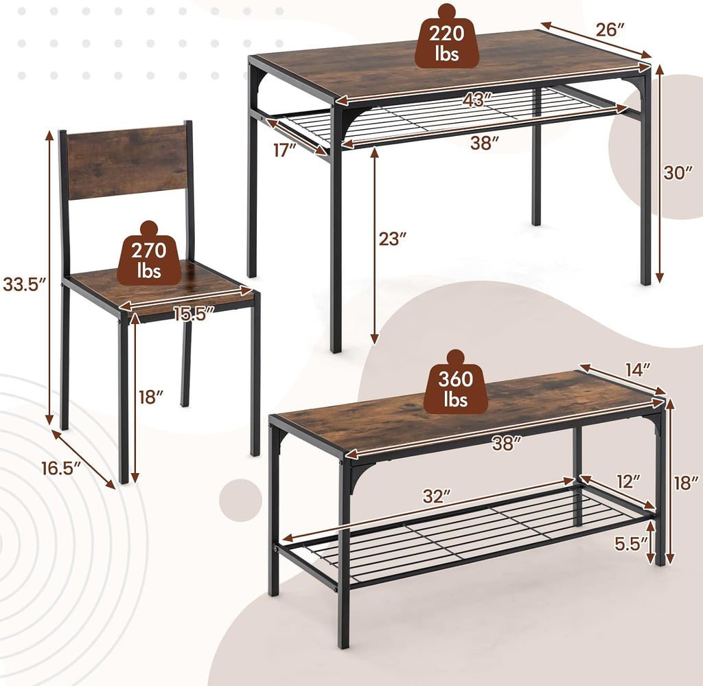 COSTWAY 4 Pieces Dining Table Set, Kitchen Table and 2 Chairs for 4 with Bench, Storage Racks, Metal Frame & Space-saving Design, Industrial Kitchen Table Set for Small Space, Apartment (Rustic Brown)
