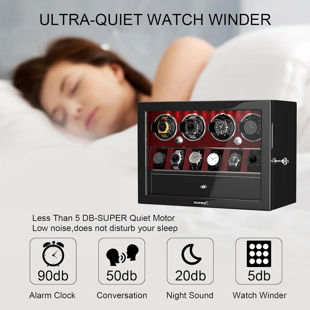 DUKWIN Watch Winder for 4/6/8 Automatic Watches, Lockable Winders with Watch Holders and Jewelry Storage, Super Quiet Motor with High-Gloss Finish, Built-in Illumination
