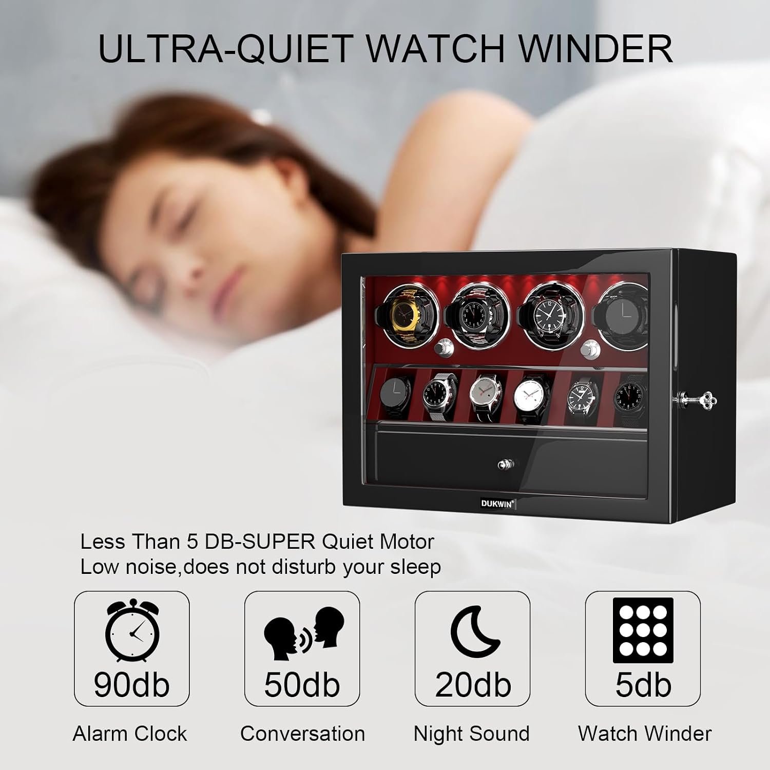DUKWIN Watch Winder for 4/6/8 Automatic Watches, Lockable Winders with Watch Holders and Jewelry Storage, Super Quiet Motor with High-Gloss Finish, Built-in Illumination