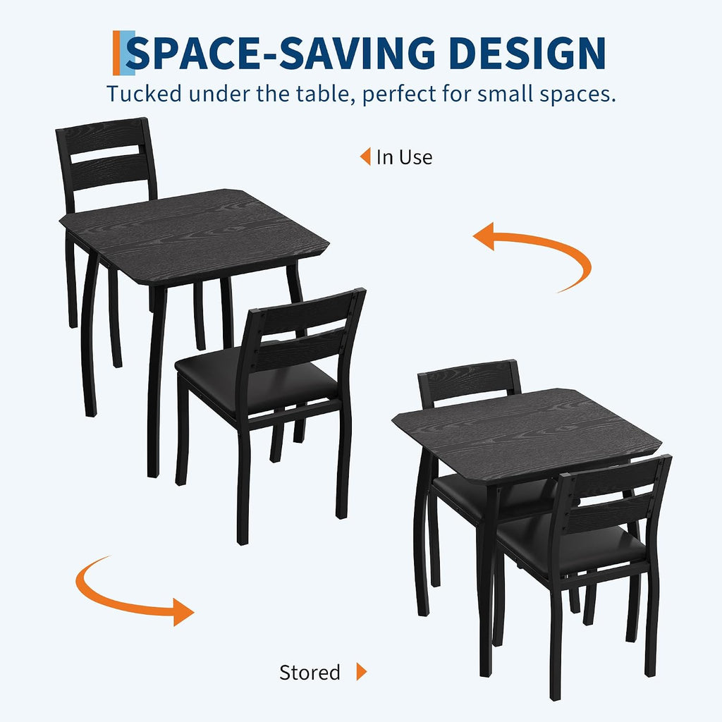 Garvee 3 Piece Dining Table Set for 2, Small Kitchen Table with Metal Frame & Wood Tabletop, Includes 2 Upholstered Chairs, for Apartment, Home Kitchen, Black