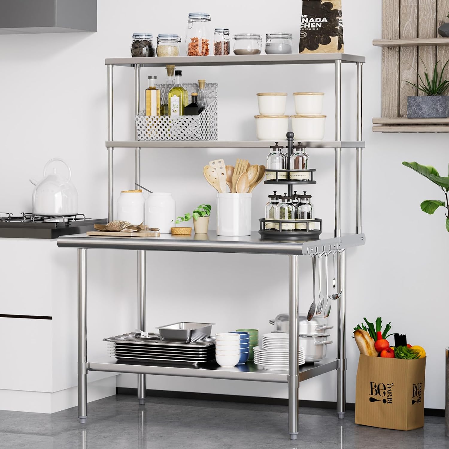 ROVSUN All Stainless Steel Table with Overshelves 48' X 30', NSF Commercial Heavy Duty Pre Table with Adjustable Undershelf & Detachable Hooks for Kitchen Restaurant Hotel Garages
