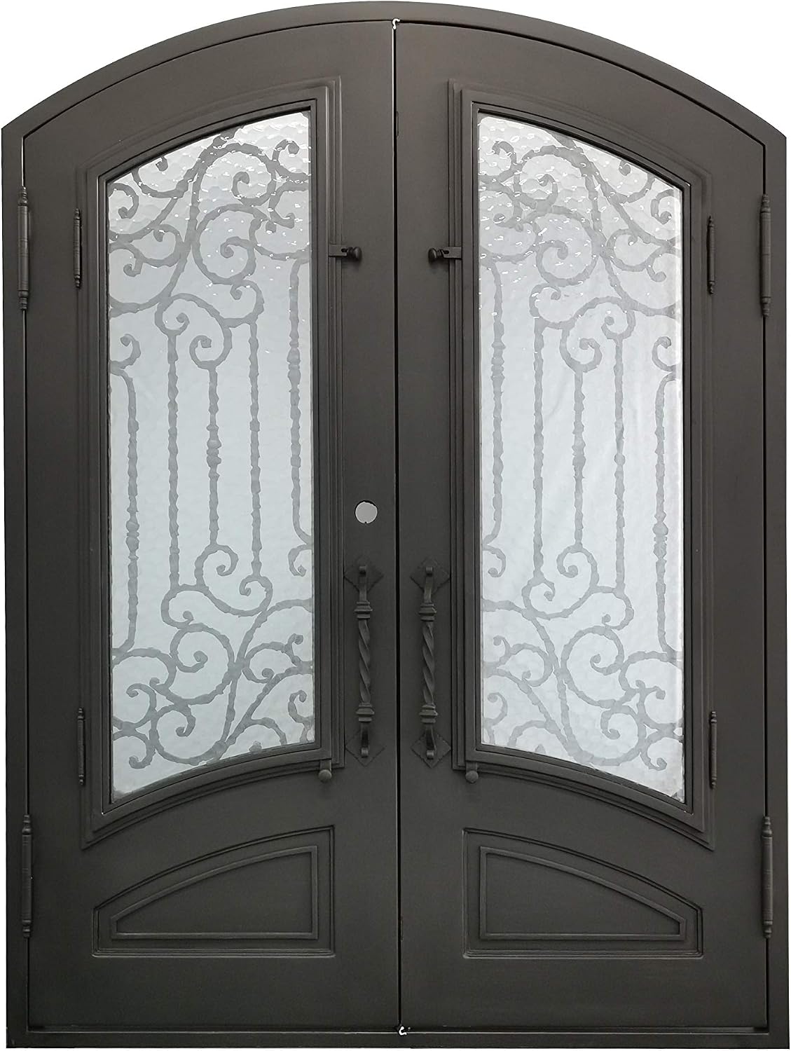 Archer Exterior Double Front Entry Door Wrought Iron with Operable Tempered Water Cube Glass Inside Swing Dark Bronze Finish (60 By 96 Right Hinge Active)