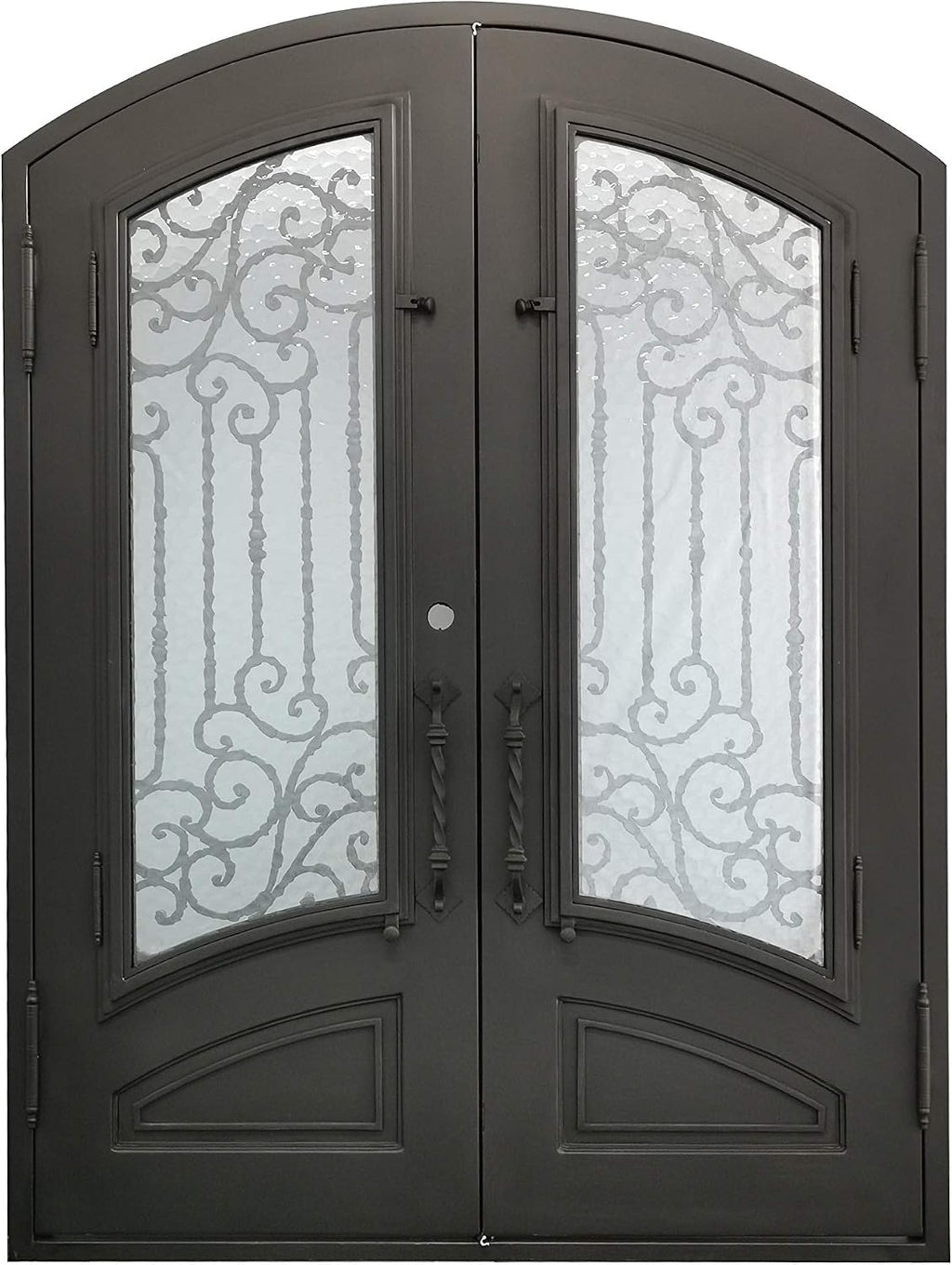 Archer Exterior Double Front Entry Door Wrought Iron with Operable Tempered Water Cube Glass Inside Swing Dark Bronze Finish (72 By 96 Right Hinge Active)