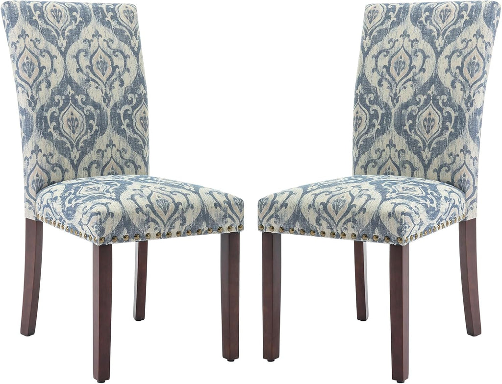COLAMY Upholstered Parsons Dining Chairs Set of 2, Fabric Dining Room Kitchen Side Chair with Nailhead Trim and Wood Legs - Blue/White Flower