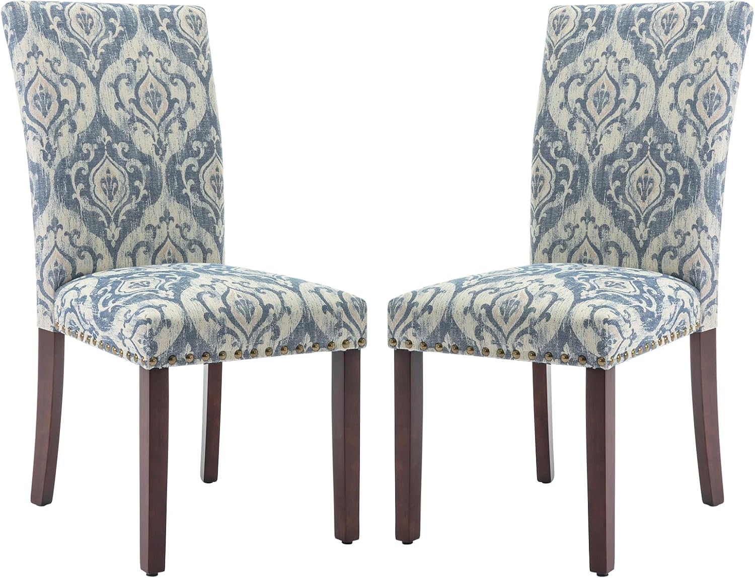 COLAMY Upholstered Parsons Dining Chairs Set of 2, Fabric Dining Room Kitchen Side Chair with Nailhead Trim and Wood Legs - Blue/White Flower
