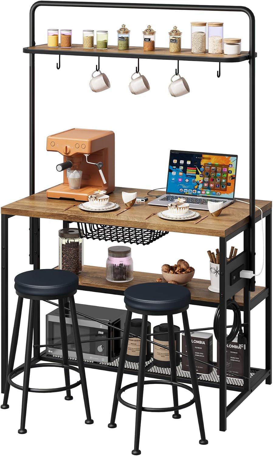 Garvee Kitchen Island with Power Outlet & 2 Bar Stools, Industrial Bakers Rack with 3-Tier Shelves & 5 Hooks, Microwave Stand Coffee Bar Table for Dining Room, Living Room, Apartment