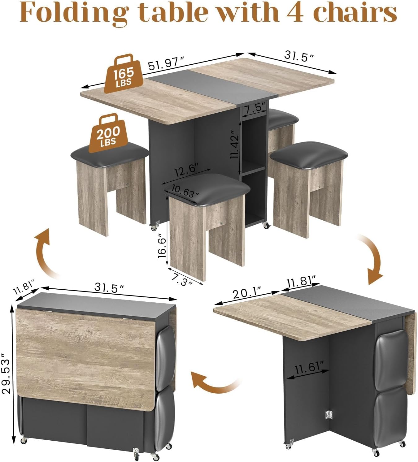 AWQM Foldable Dining Table Set for 4,Folding Dining Table with 4 Leather Chairs & Storage,Drop Leaf Dinner Table with 6 Wheels,Folding Kitchen Table and Chairs Set for Small Spaces,Grey