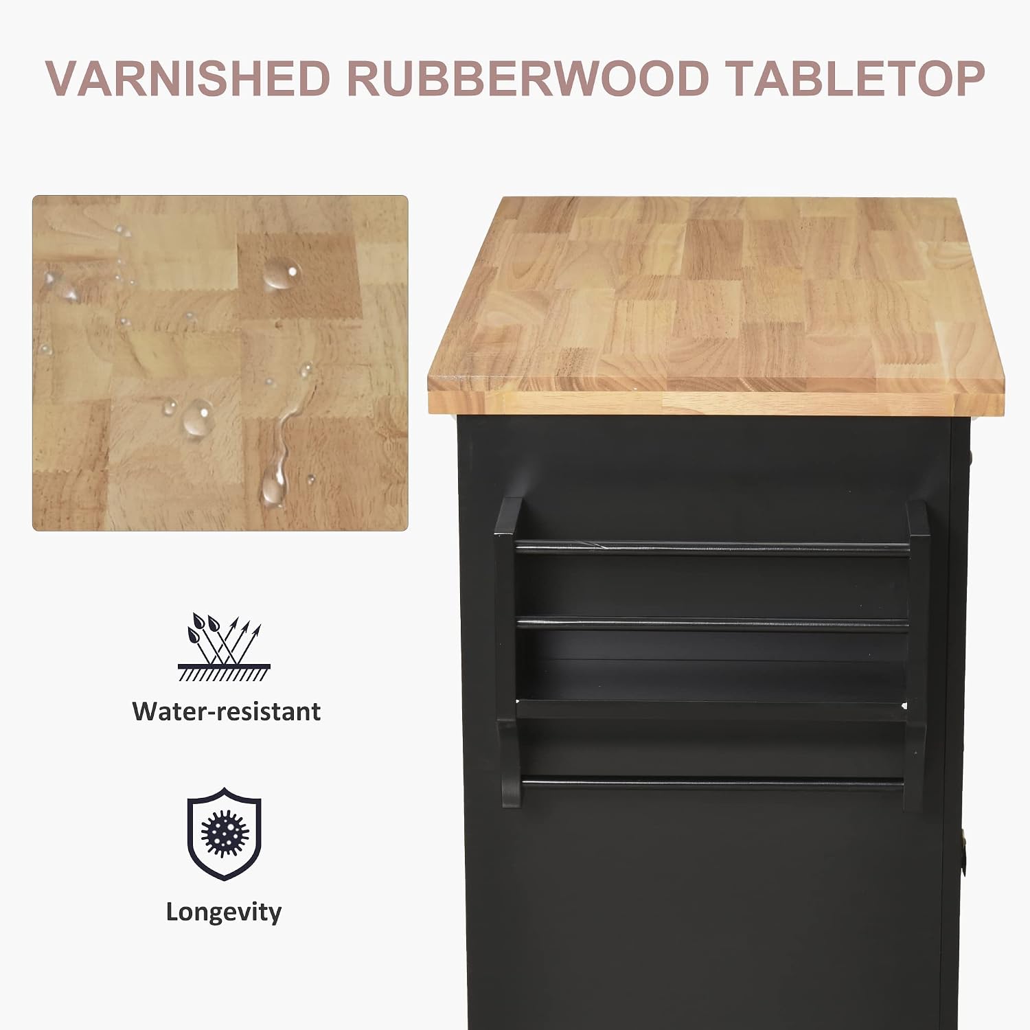 HOMCOM Kitchen Island Cart with Solid Wood Top, 44' Mobile Kitchen Island Table on Wheels with Storage Cabinets, 2 Drawers, Adjustable Shelves, Spice Rack & Towel Bar for Dining Room, Black