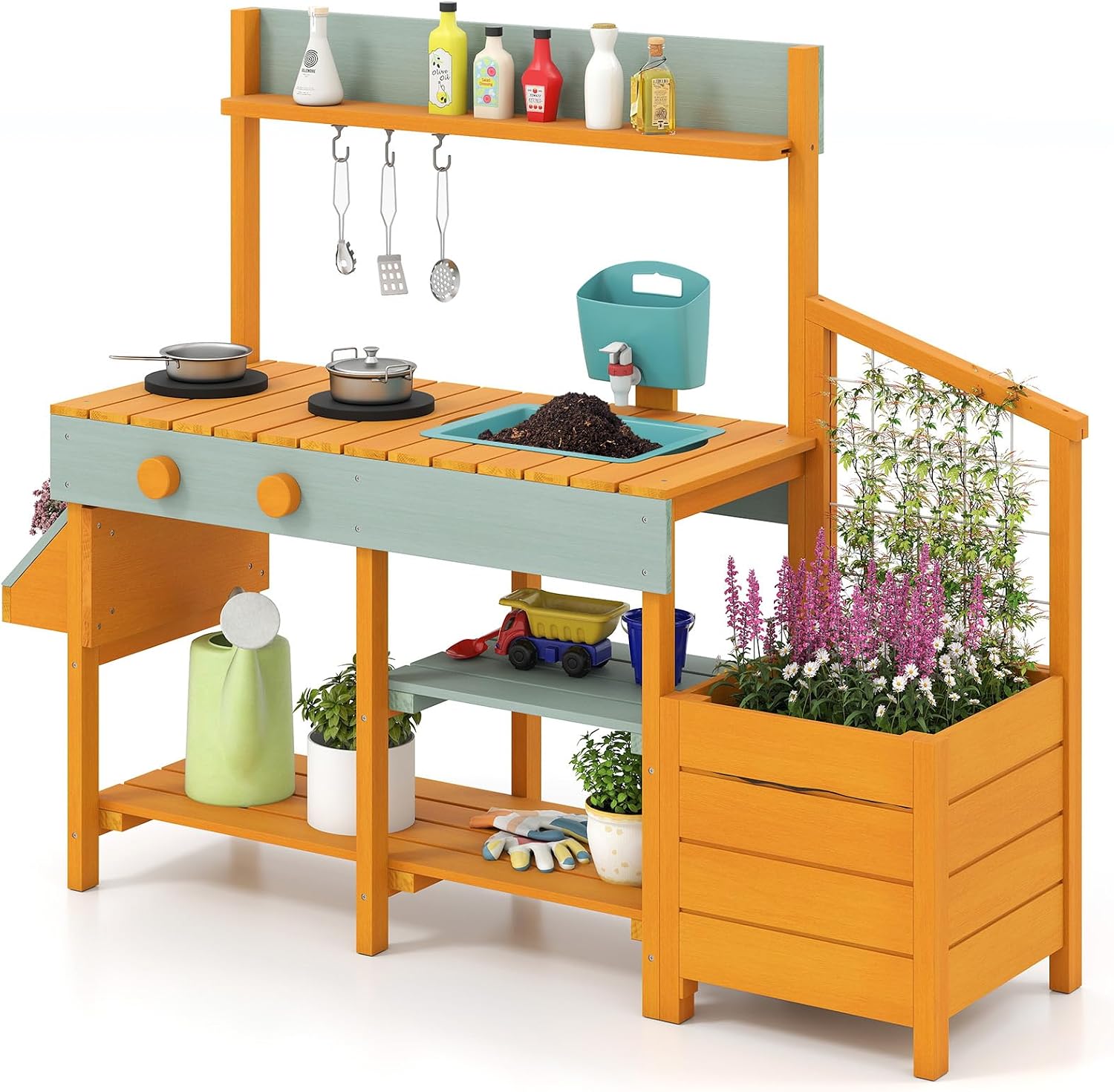 HONEY JOY Mud Kitchen, Cedar Wood Pretend Play Kitchen for Toddlers, Plant Growing Box & Trellis, Real Faucet w/Running Water, Sink, Accessories, Outdoor Kids Kitchen Playset for Garden Fun(Yellow)