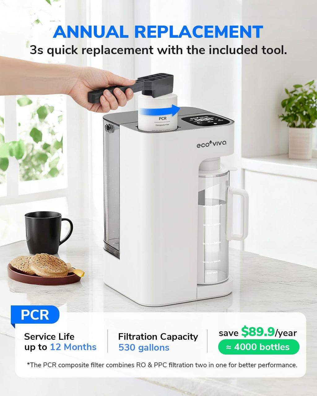 Ecoviva Mate 3 Countertop Reverse Osmosis Water Filter with 2 Auto-Fill Pitchers, 8-Stage RO Filtration System, Installation-Free, Reduces TDS, 3:1 Pure-to-Drain Ratio, Home & Kitchen, White
