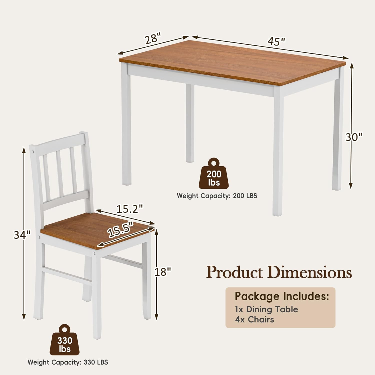 5-Piece Dining Table Set for 4, Solid Wood Farmhouse Rectangular Kitchen Table Set with 4 Chairs, Space-Saving Wooden Dinette Set for Small Space, Dining Room, Breakfast Nook, Brown & White