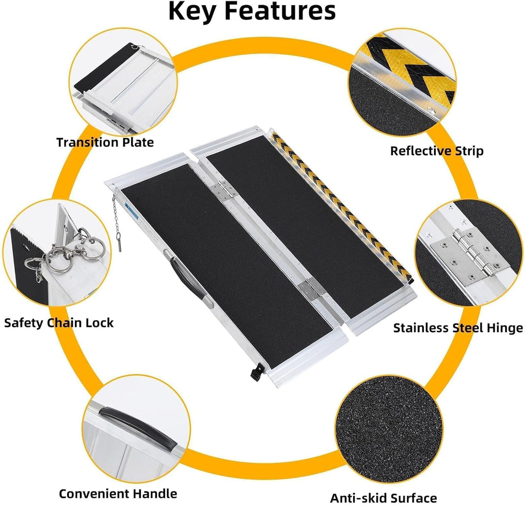 6FT Portable Wheelchair Ramp, Portable Access Ramp with Textured Surface, Reflective Edges & Carry Handle, Aluminum Folding Mobility Ramps for Threshold, Steps, Curbs, Doorways