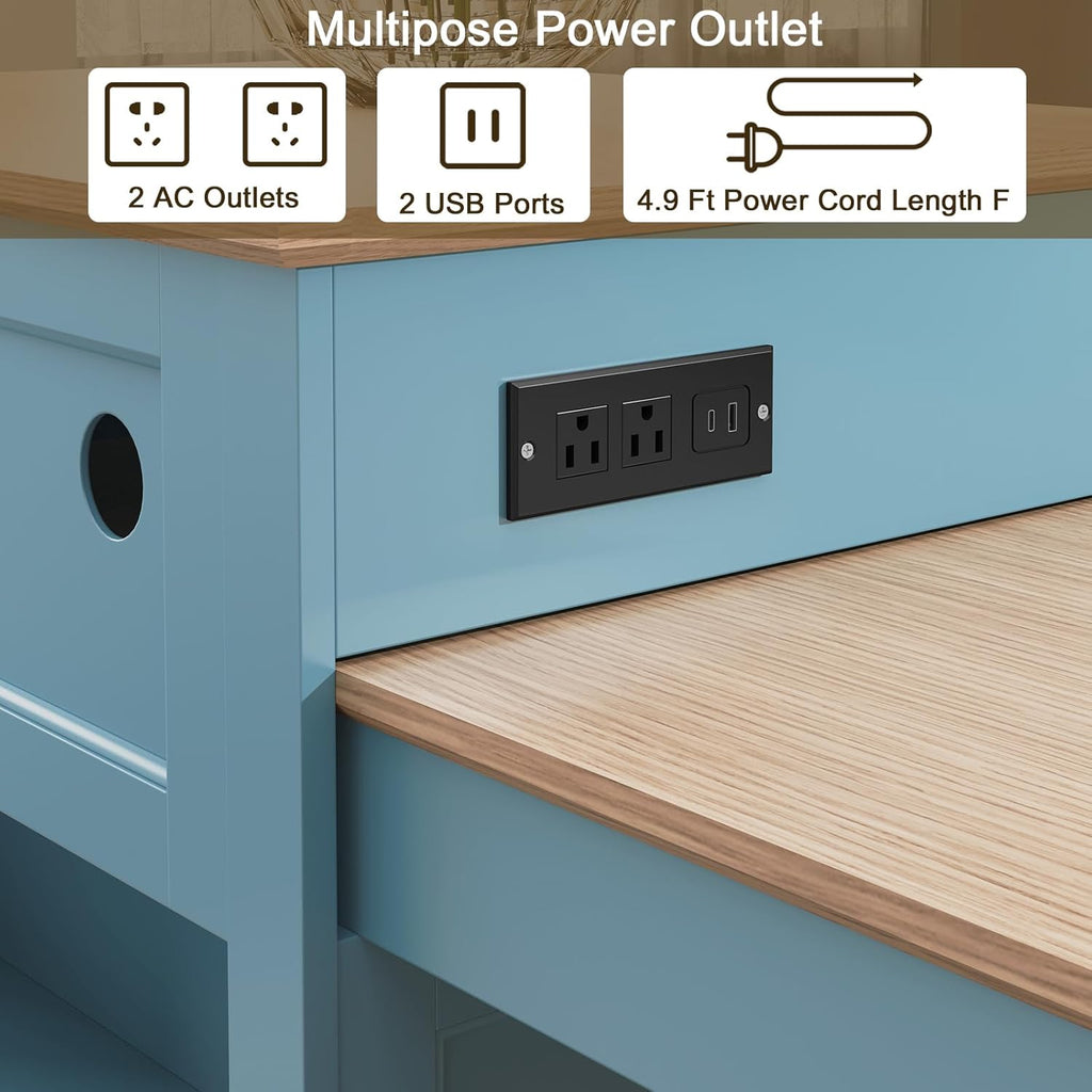 HLR 72' Kitchen Island with Extendable Table for 2-4, Island Table for Kitchen with Power Outlet and Storage Slide Out Legs, Rolling Islands Cart with 2 Doors (Blue)