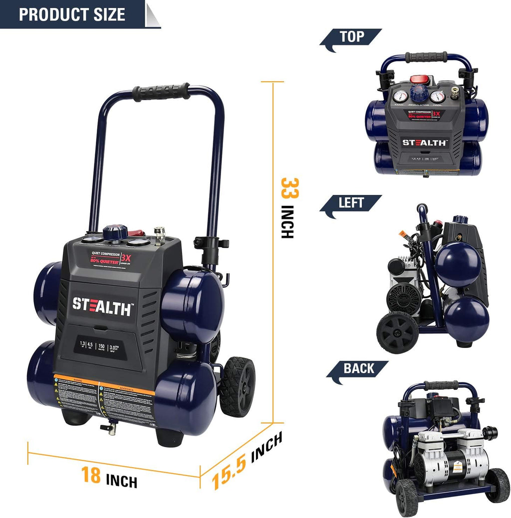 Stealth Quiet Air Compressor with Wheel, 64 Decibel 4.5 Gallon Peak 1.3 HP Max 150 PSI, Oil-Free Air Pump, 3 CFM @ 90 PSI Portable Air Compressor for Garage, Workshop, Jobsite SAQ-1413