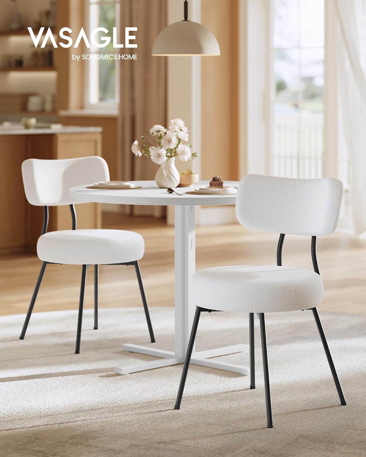 VASAGLE Dining Table Set, Round Dining Table with 2 Upholstered Kitchen Chairs, for Small Spaces, Kitchen, Living Room, Steel Frame, Modern Style, Snow White and Cream White UZH2507008