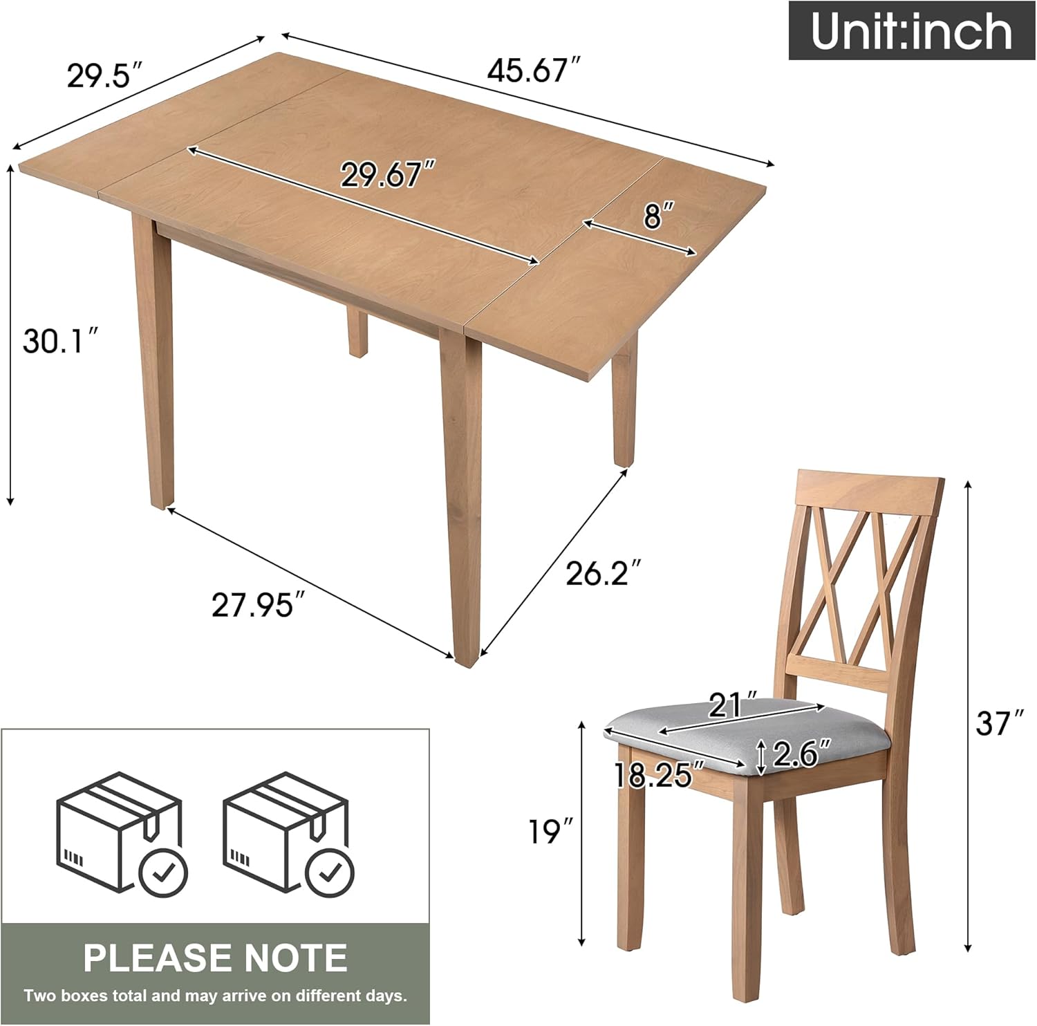 Merax Farmhouse Wood 3-Piece Multifunctional Dining Set, 45.6 inch Extendable Table with Drop Leaf, 2 Upholstered Chairs for Kitchen, Small Space, Natural