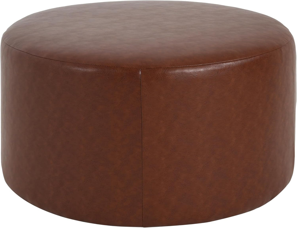Christopher Knight Home GAVI 30' Ottoman Foot Stool, Faux Leather Pouf Footstool Ottoman Seat, Upholstered Foot Chair, Round Footrest, Modern Side Table for Living Room Bedroom Home Decor, Brown
