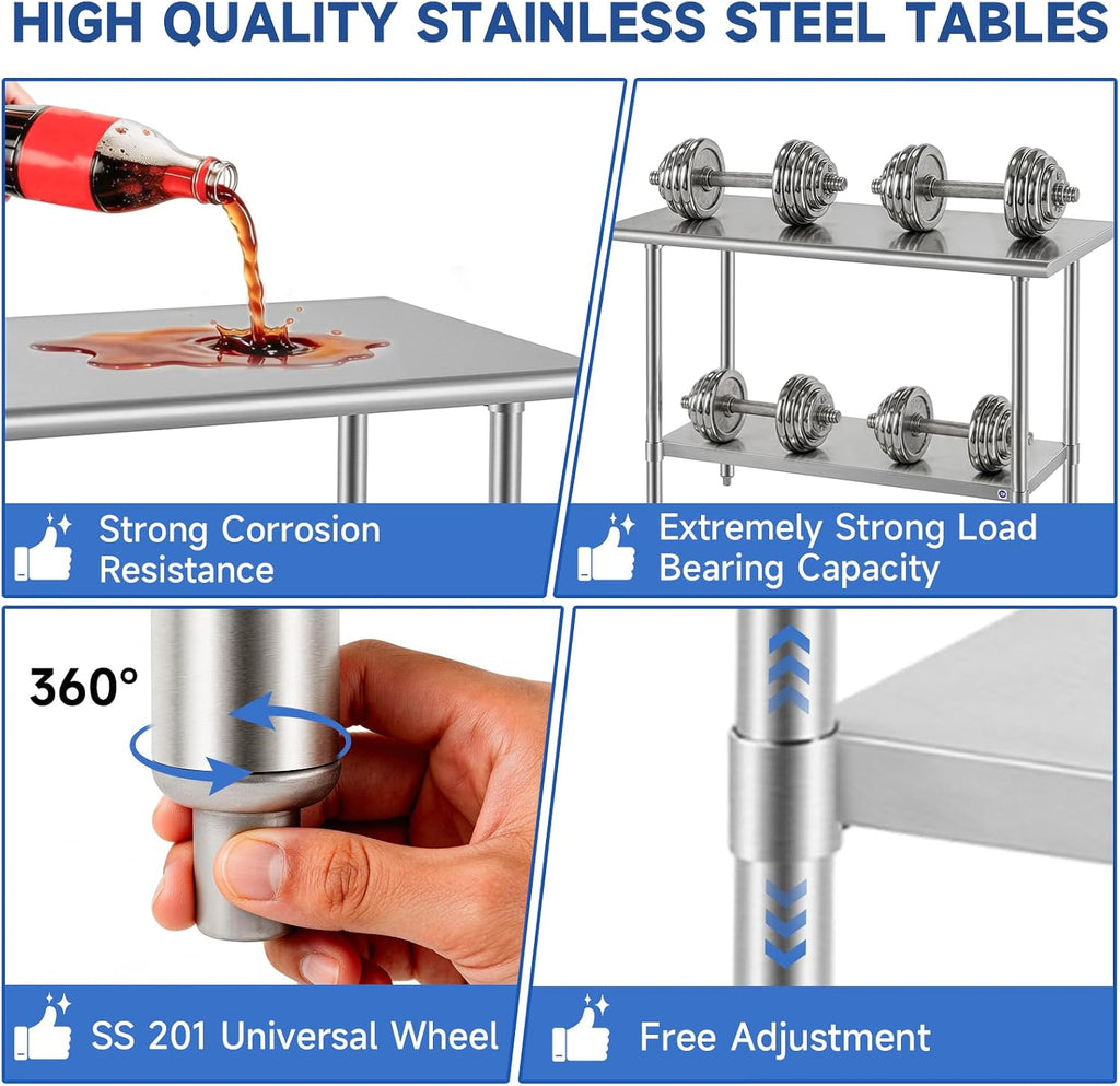 ROCKPOINT SS304 Top All Stainless Steel Table for Prep & Work 24x72 Inches, NSF Commercial Kitchen Heavy Duty Table with Adjustable Undershelf for Restaurant,Kitchen, Home and Hotel
