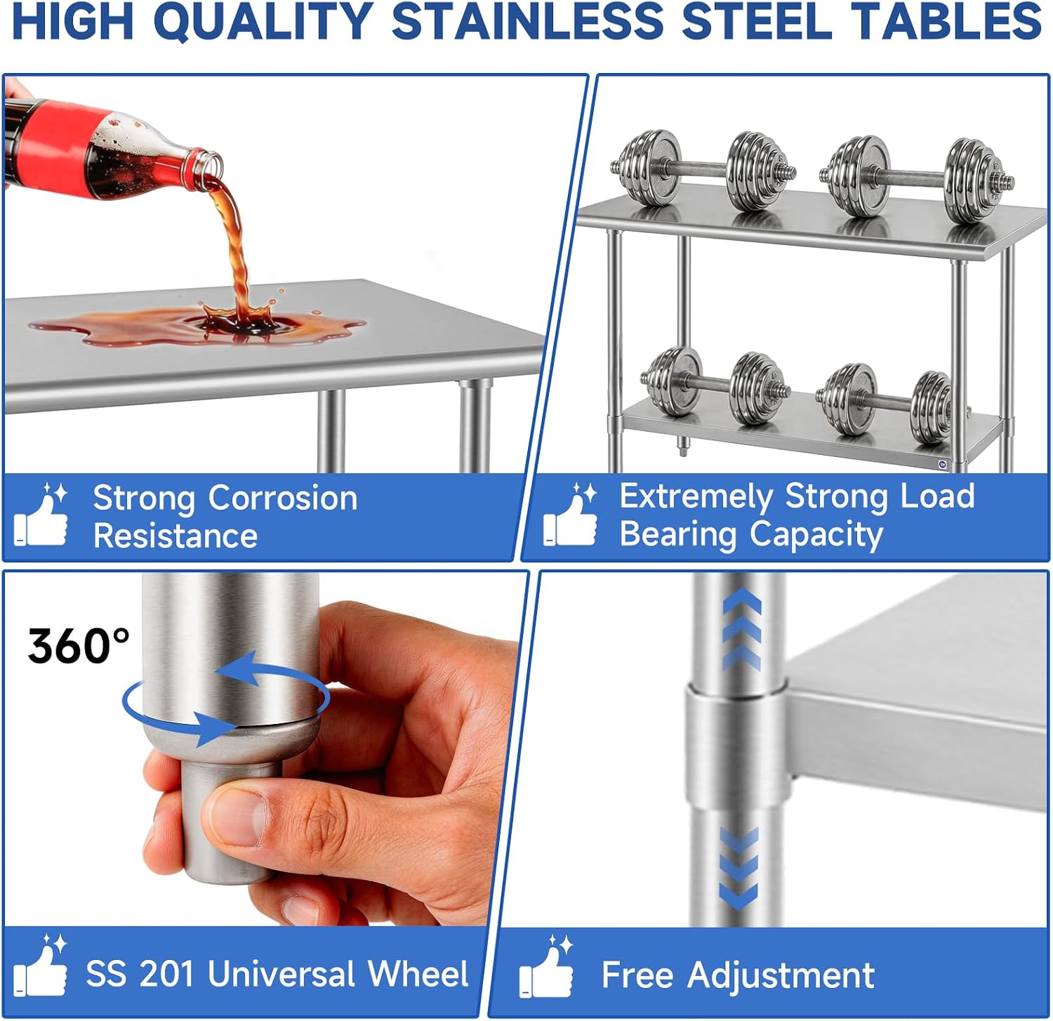ROCKPOINT SS304 Top All Stainless Steel Table for Prep & Work 24x72 Inches, NSF Commercial Kitchen Heavy Duty Table with Adjustable Undershelf for Restaurant,Kitchen, Home and Hotel