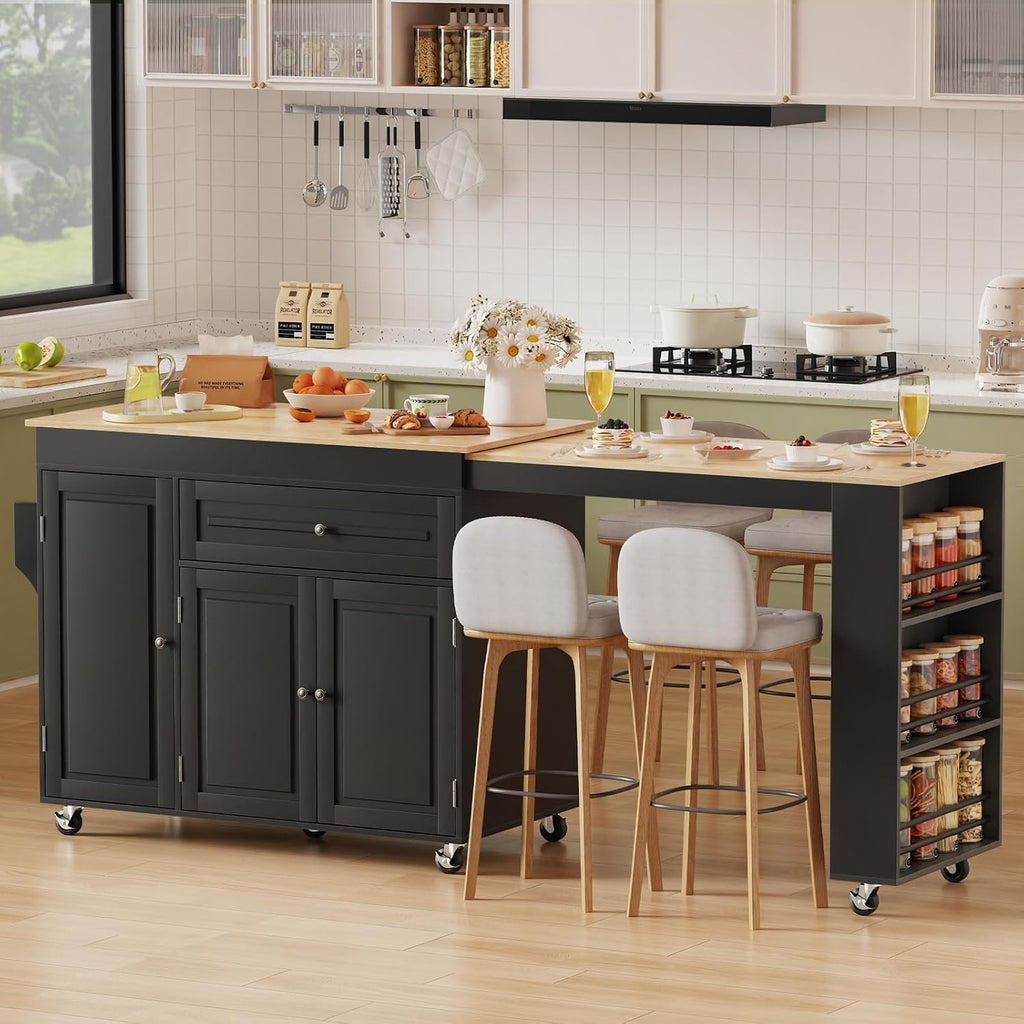 83' Expandable Kitchen Island on Wheels with Storage & Dining Table, Mobile Kitchen Cart with Cabinet, 3 Shelves & Drawers, Black (Extends from 48.4' to 82.6') (Black)