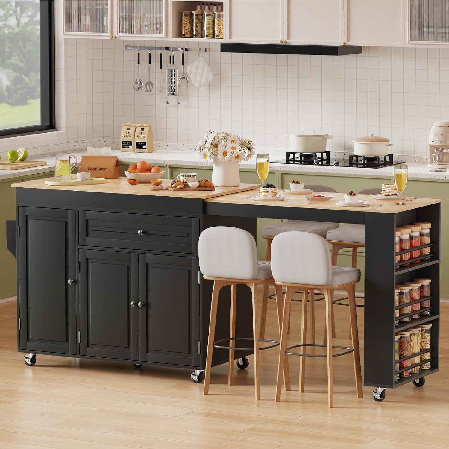 83' Expandable Kitchen Island on Wheels with Storage & Dining Table, Mobile Kitchen Cart with Cabinet, 3 Shelves & Drawers, Black (Extends from 48.4' to 82.6') (Black)