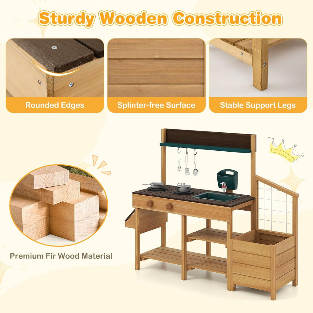 HONEY JOY Mud Kitchen, Cedar Wood Pretend Play Kitchen for Toddlers, Plant Growing Box & Trellis, Real Faucet w/Running Water, Sink, Accessories, Outdoor Kids Kitchen Playset for Garden Fun(Natural)