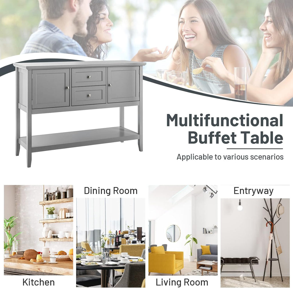 COSTWAY Buffet Sideboard, with 2 Wood Storage Drawers & Open Shelf, Console Table for Living Room Kitchen Dining Room Furniture (Grey)