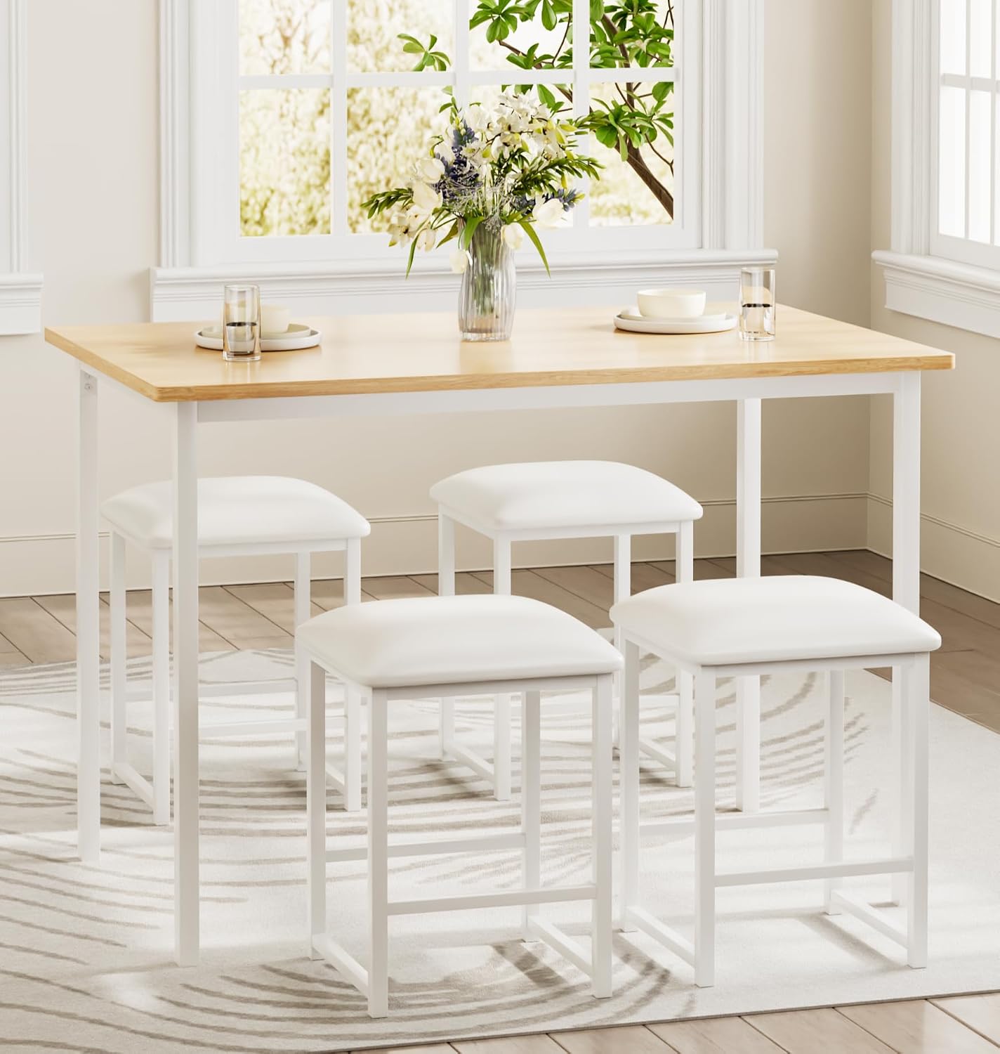 VECELO Kitchen Table and Chairs for 4, Dining Room Set with PU Chairs/Stools, Heavy-Duty Metal Frame, Wooden Tabletop, Space-Saving Design for Small Spaces, Easy Assembly, Oak