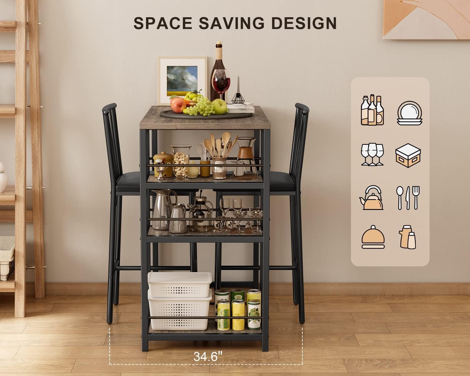 Gizoon Dining Table Set for 2 with 3 Storage Shelves, Kitchen Table and Chairs for 2 with Pu Cushion Chairs & Thick Wood Top, 3 Piece Dining Table Set for Small Space, Apartment - Grey