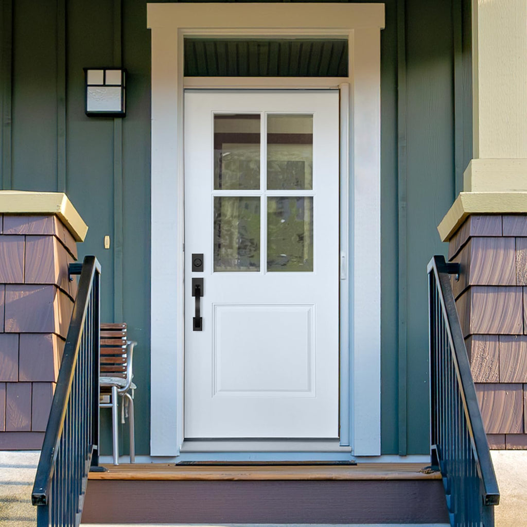 Fiberglass Prehung Door Unit, 36'x80' 4 Lite White, Right Hand Inswing | Sturdy, LVL Stiles, Soundproof, Thermal Insulated, Weather Resistant, Energy Efficient, Clear Glass