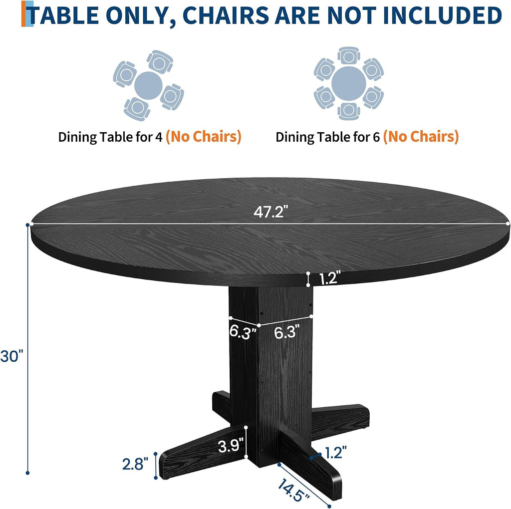 IDEALHOUSE Round Dining Table for 4-6 People, 47' Wood Kitchen Table with Sturdy Pedestal Base, Farmhouse Circle Dinner Tables for Dining Room, Living Room, Apartment, Black