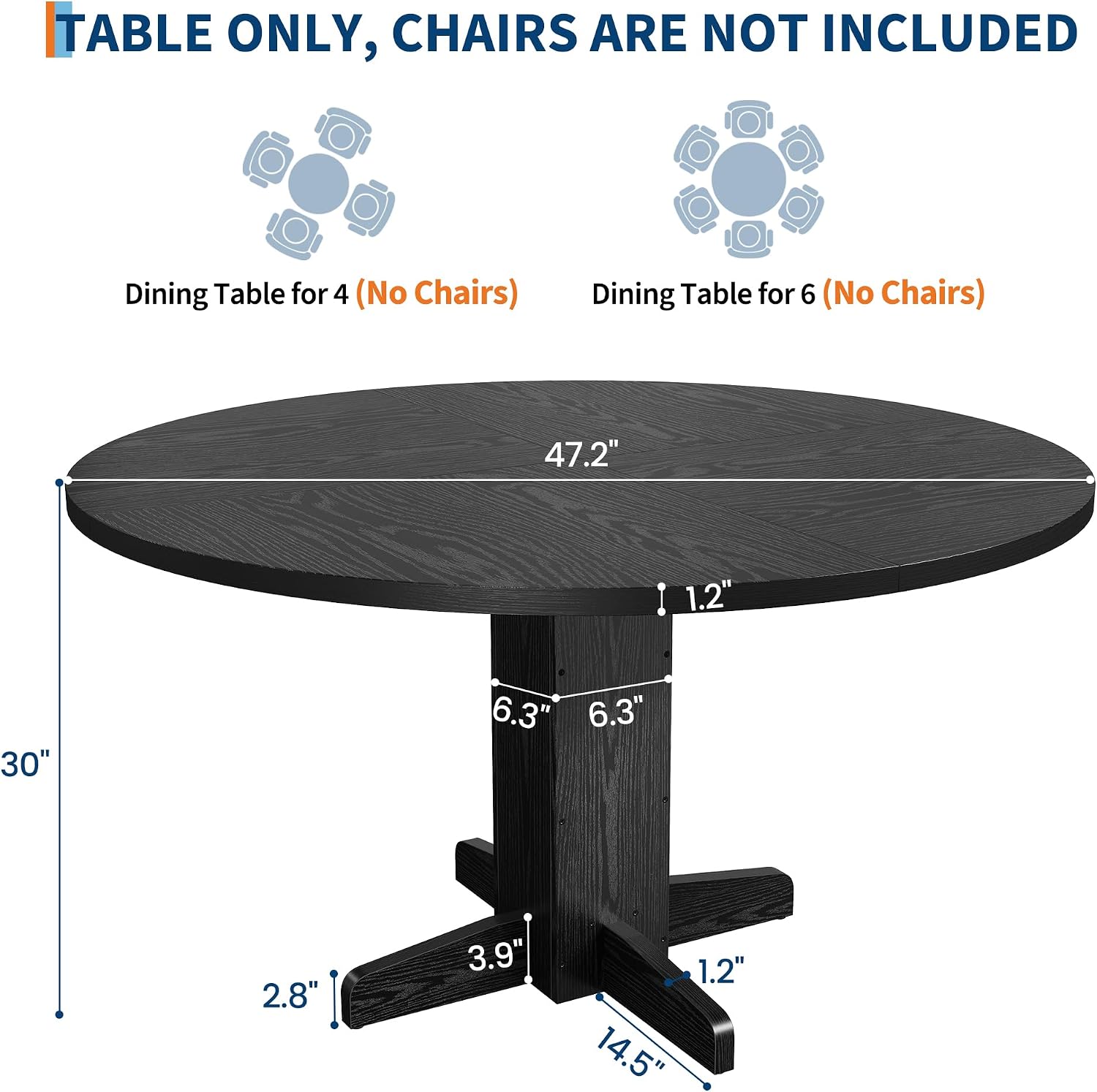 IDEALHOUSE Round Dining Table for 4-6 People, 47' Wood Kitchen Table with Sturdy Pedestal Base, Farmhouse Circle Dinner Tables for Dining Room, Living Room, Apartment, Black