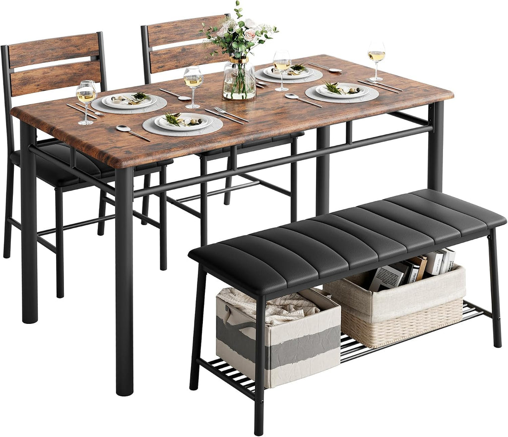 IRONCK Dining Table Set for 4, Kitchen Table with Upholstered Bench and 2 Chairs, Kitchen Table and Chairs Set for Small Space, Apartment, Rustic Brown