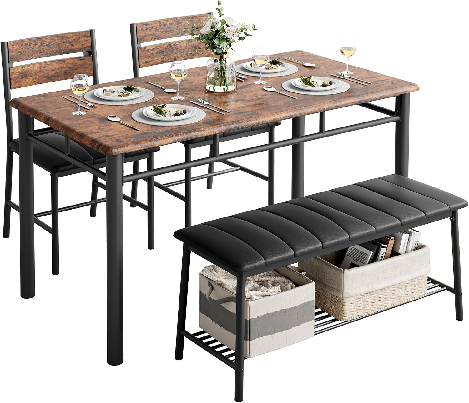 IRONCK Dining Table Set for 4, Kitchen Table with Upholstered Bench and 2 Chairs, Kitchen Table and Chairs Set for Small Space, Apartment, Rustic Brown