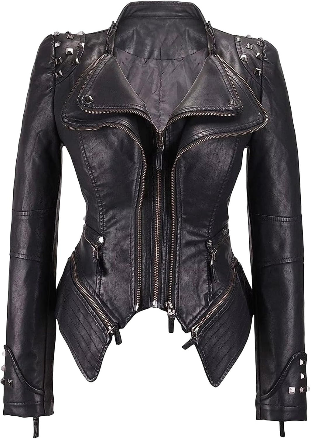 Women Suit Collar Rivet Waist Short Washed PU Leather Jacket American Retro Style Long Sleeve Turn-Down Collar Jacket