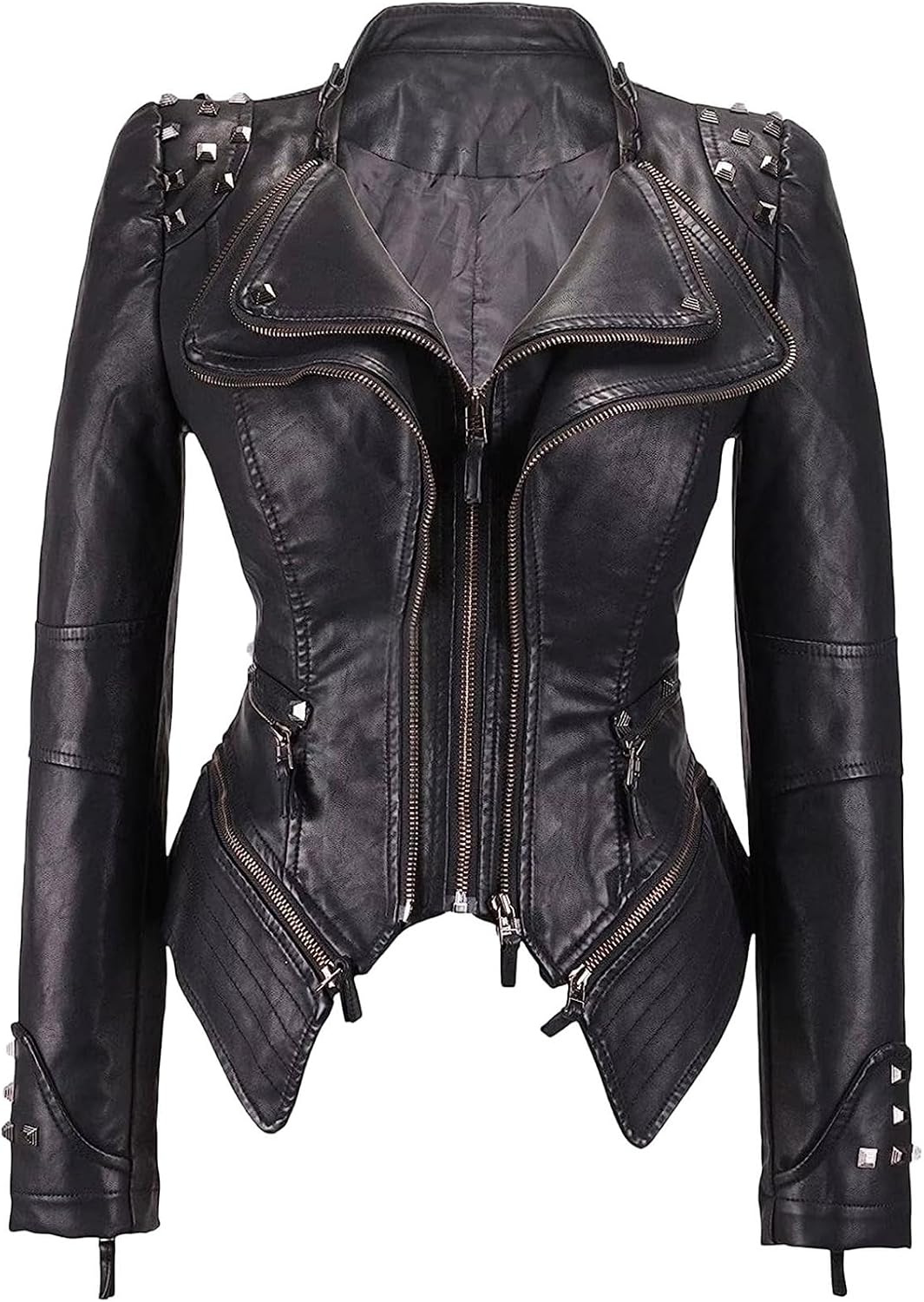 Women Suit Collar Rivet Waist Short Washed PU Leather Jacket American Retro Style Long Sleeve Turn-Down Collar Jacket