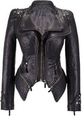 Women Suit Collar Rivet Waist Short Washed PU Leather Jacket American Retro Style Long Sleeve Turn-Down Collar Jacket