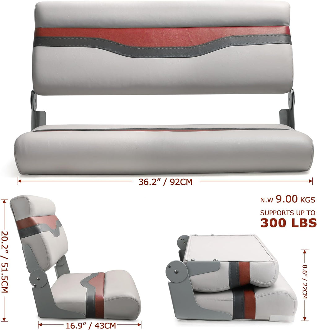 Boat Bench Seat for Fishing Boat, NORTHCAPTAIN Double Folding Boat Seat 2 Person with Marine-Grade Vinyl and PE Frame, Padded Cushion for Bass Boat Jon Boat Pontoon,Light Grey/Charcoal/Wine Red