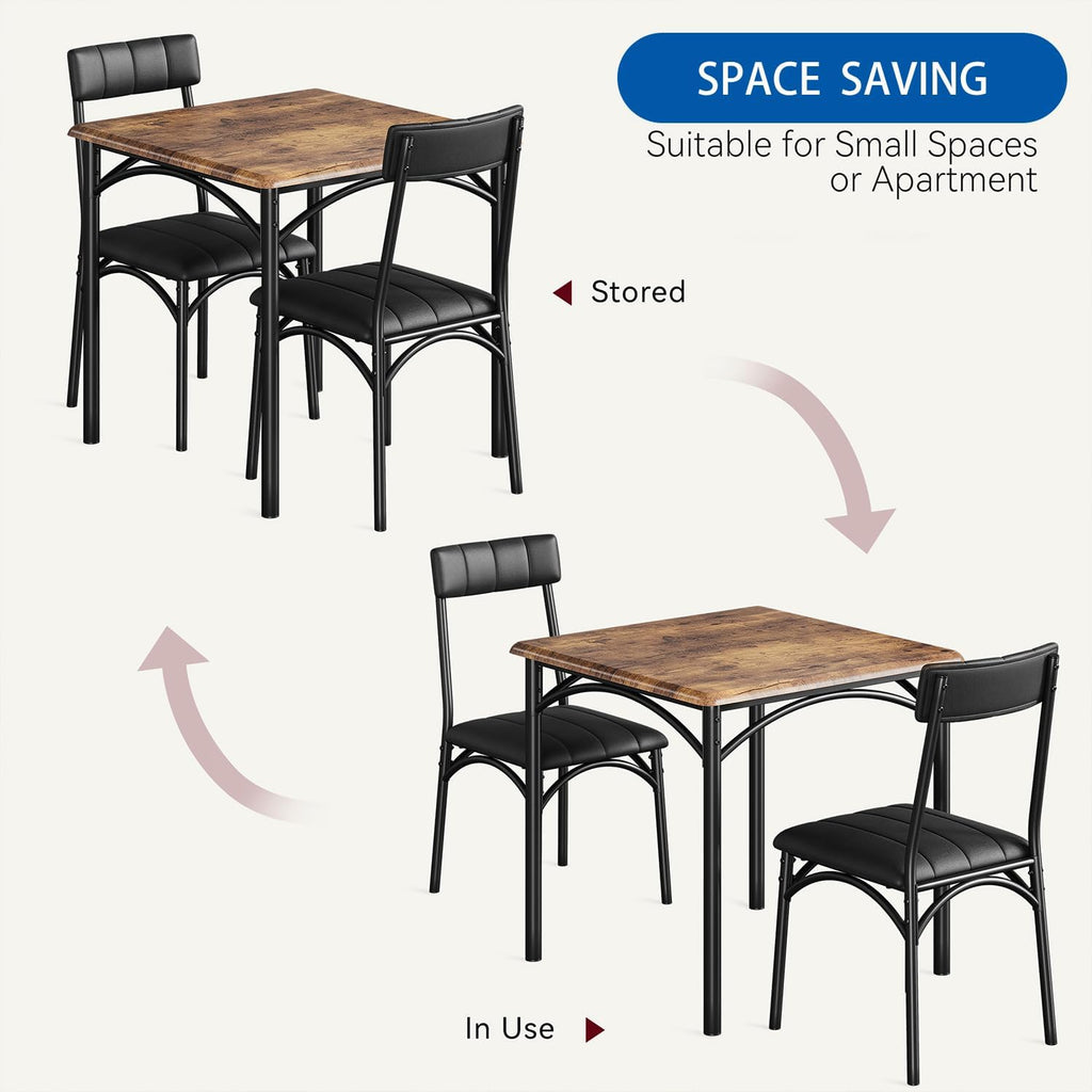 IDEALHOUSE Dining Table Set for 2, Kitchen Table and Chairs for 2 with Upholstered Chairs, 3 Piece Square Kitchen Table Set, Dining Room Table Set for Small Space, Apartment, Retro Brown