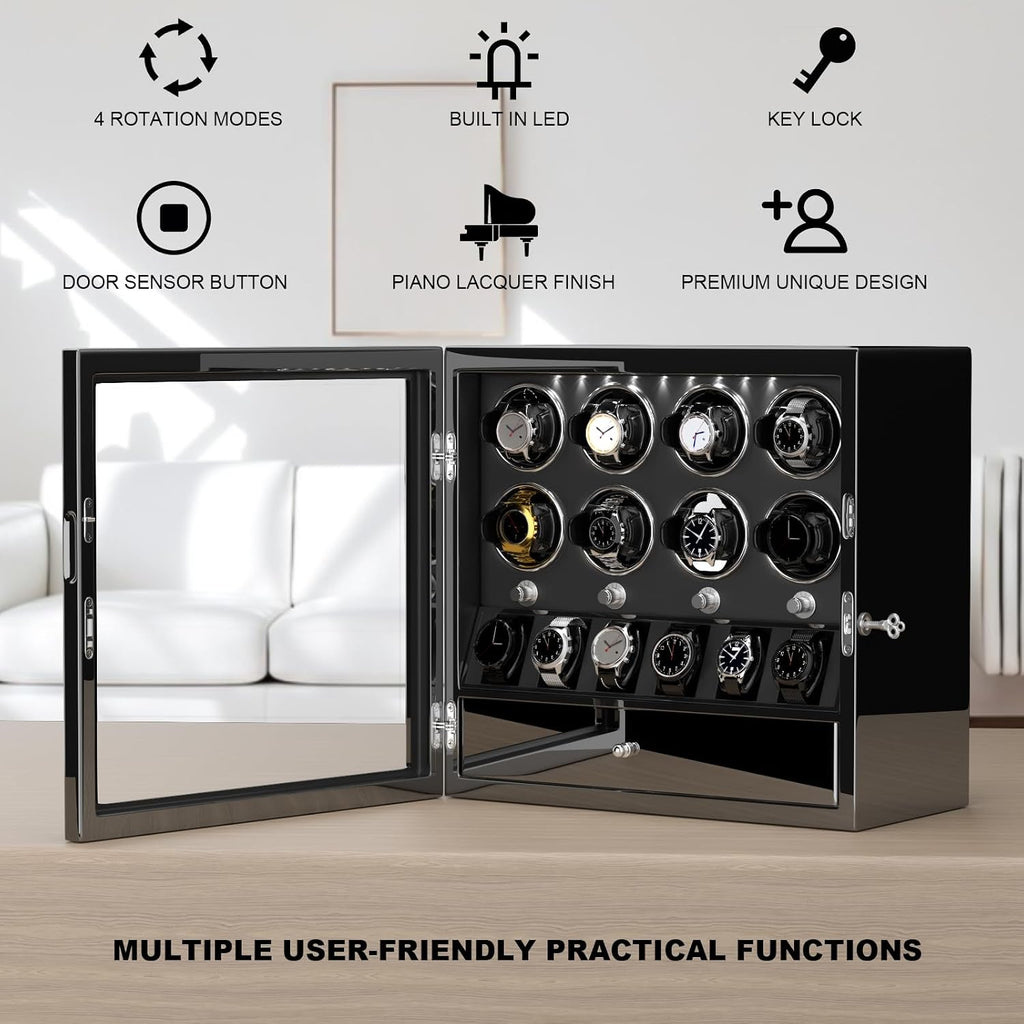 DUKWIN Watch Winder for 4/6/8 Automatic Watches, Lockable Winders with Watch Holders and Jewelry Storage, Super Quiet Motor with High-Gloss Finish, Built-in Illumination