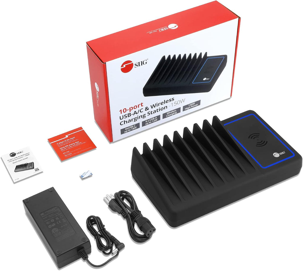 SIIG 10 Port 150W USB Charging Station with Qi Wireless Charging Deck, 6X USB-A and 4X USB-C Charging Ports, Vertical Device Organizer, Compatible with iPhones, iPads and More (AC-PW1R11-S1)