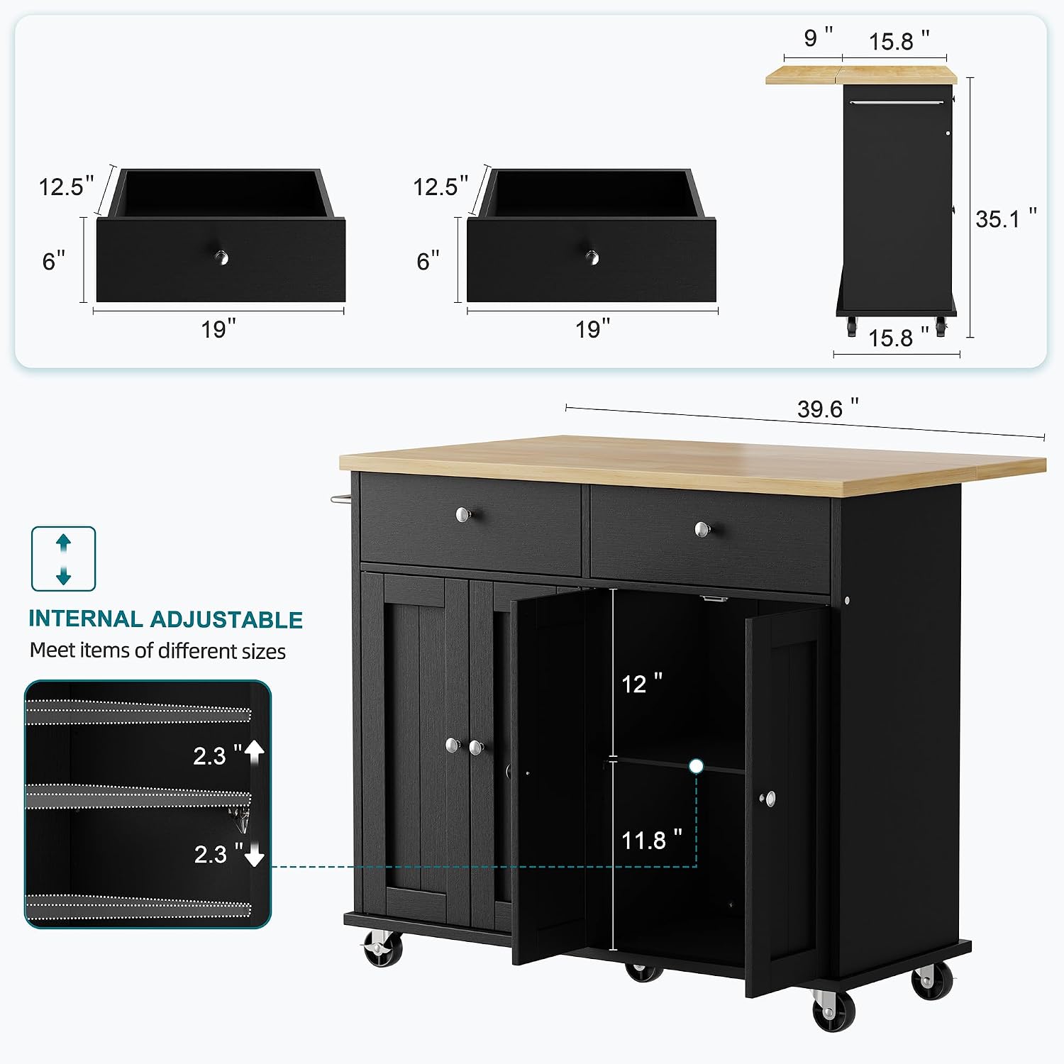 Shintenchi Kitchen Island with Drop Leaf, Rolling Kitchen Cart with Storage on Wheels, Table Bar Cart for Kitchen with Towel Rack & Seating Area for Dining Room, Black