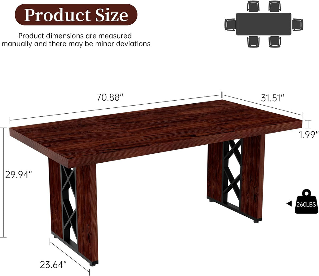 HIPIHOM 70.8' Farmhouse Dining Table for 6 People, Large Rectangle Kitchen Table with Heavy Duty Legs, Industrial Dining Room Furniture for Dinner, Walnut