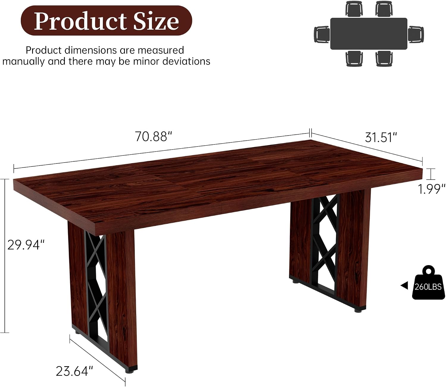 HIPIHOM 70.8' Farmhouse Dining Table for 6 People, Large Rectangle Kitchen Table with Heavy Duty Legs, Industrial Dining Room Furniture for Dinner, Walnut