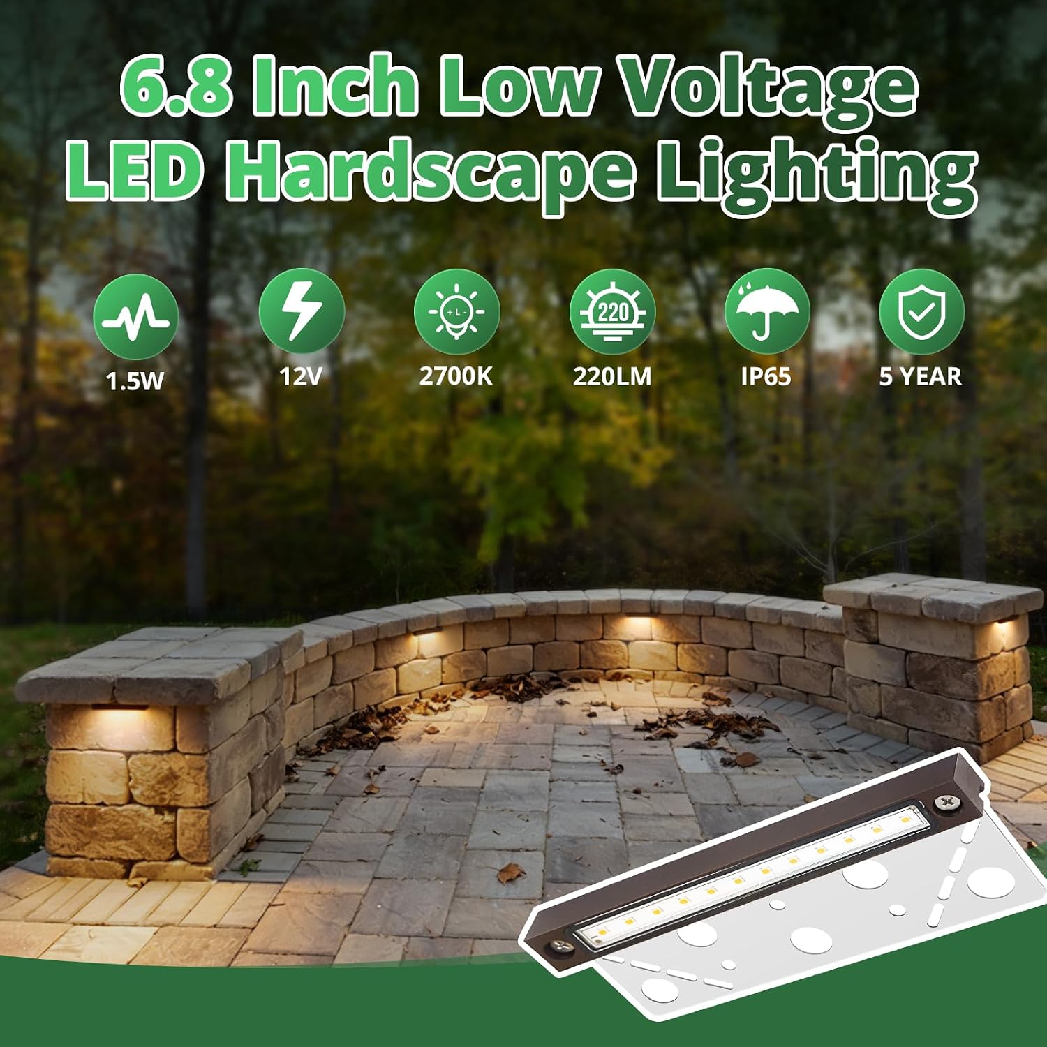 GKOLED 20 Pack 6.8 Inches LED Hardscape Lights, Low Voltage Retaining Wall Light Waterproof, 12V AC/DC Landscape Lighting, 1.5W 2700K, Classic Step Lights Outdoor, Die-cast Aluminum Housing