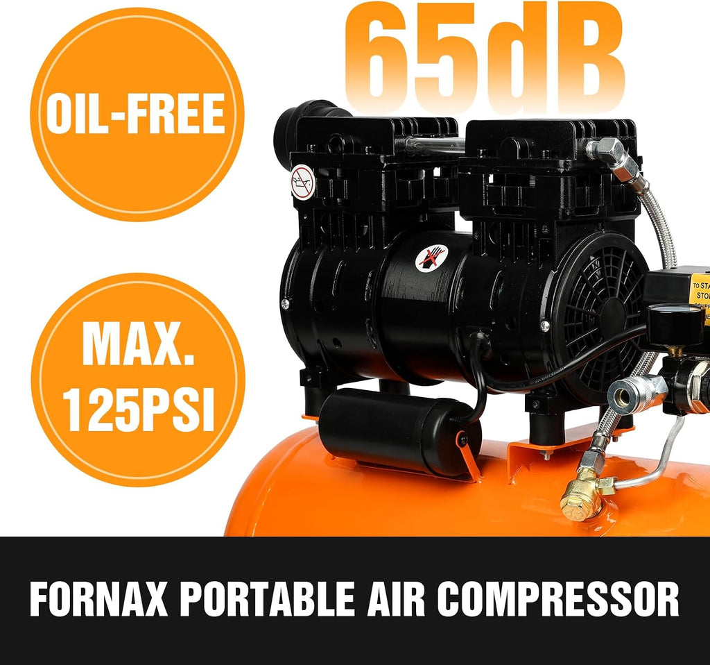 FORNAX Portable Air Compressor 6.4 Gallon, 1 HP 2.2CFM@ 90 PSI Oil Free Air Compressor, Max Pressure 125 PSI, 65 dB Quiet Compressor for Auto Repair, Tire Inflation, Spray Painting, Woodwork Nailing